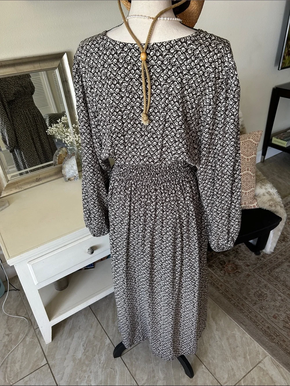 Gap V neck smocked waist brown floral cottage long balloon sleeve maxi dress L - Picture 7 of 13